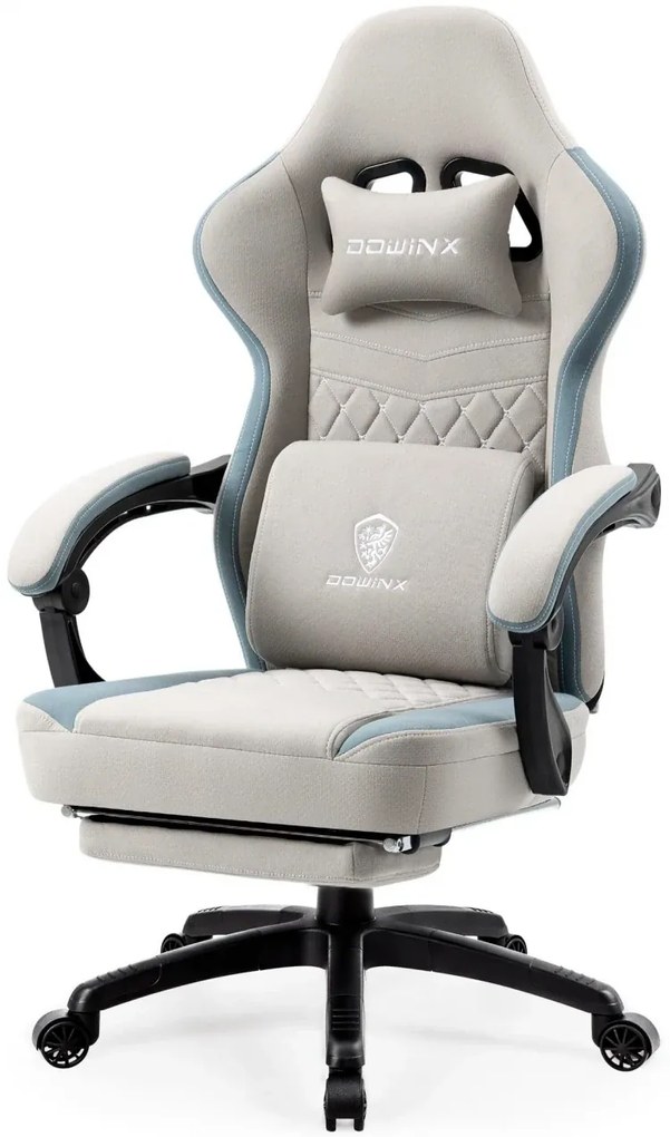 RESIGILAT- DOWINX Scaun gaming, ergonomic, suport lombar cu masaj, Șezut cu Arcuri Metalice și Spumă, Spătar înalt, rabatabil 90°-135°, Buzunar depozitare, Suport picioare, rezistent 150 kg, material respirabil, Gri
