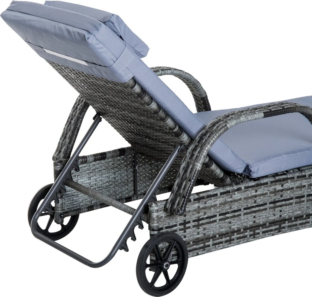 Outsunny Set 2 Sezlonguri si 1 Masuta de Gradina in Poli ratan Gri cu Saltea Captusita si Roti | Aosom Romania