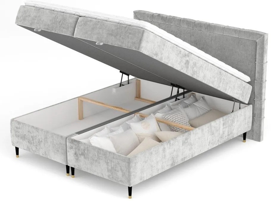 Pat boxspring gri deschis cu spațiu de depozitare 160x200 cm Voyage – Maison de Rêve