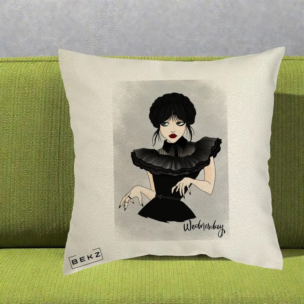 Perna Personalizata Wednesday Addams Portret Gotic, 40x40 cm, Ecru, Husa Detasabila, Perna Inclusa, BEKZ®