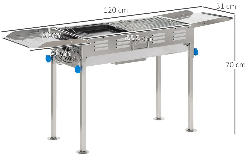Outsunny Gratar cu Carbune din Otel cu Inaltime Reglabila, 2 Grile si Tabla, BBQ Portabil cu Rafturi Laterale, 120x31x60-70cm