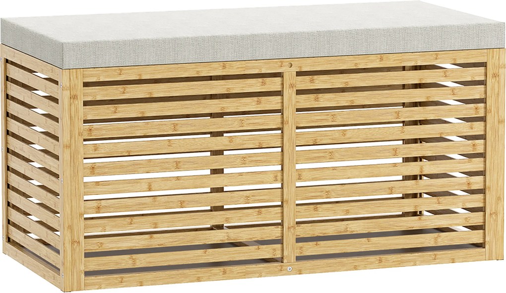 HOMCOM Bancă de depozitare, cufăr tapițat din material cu aspect de in, capac și structură din bambus, gri și lemn natural | Aosom Romania