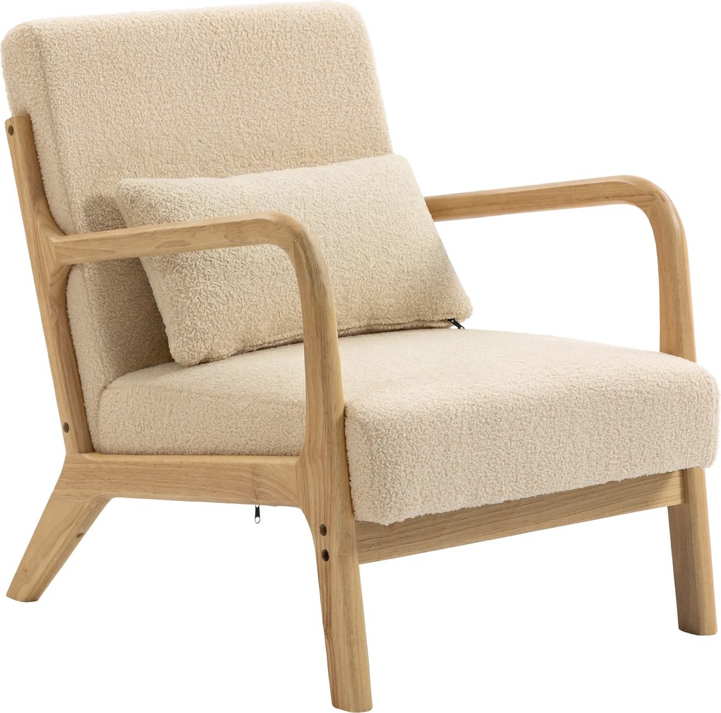 HOMCOM Fotoliu lounge - 3 perne incluse - șezut adânc - cotiere - structură lemn hévéa - aspect catifea bej | Aosom Romania