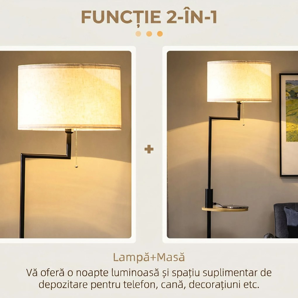 HOMCOM Lampă de Podea din Bambus cu Raft Integrat, Neagră și Bej | Aosom Romania