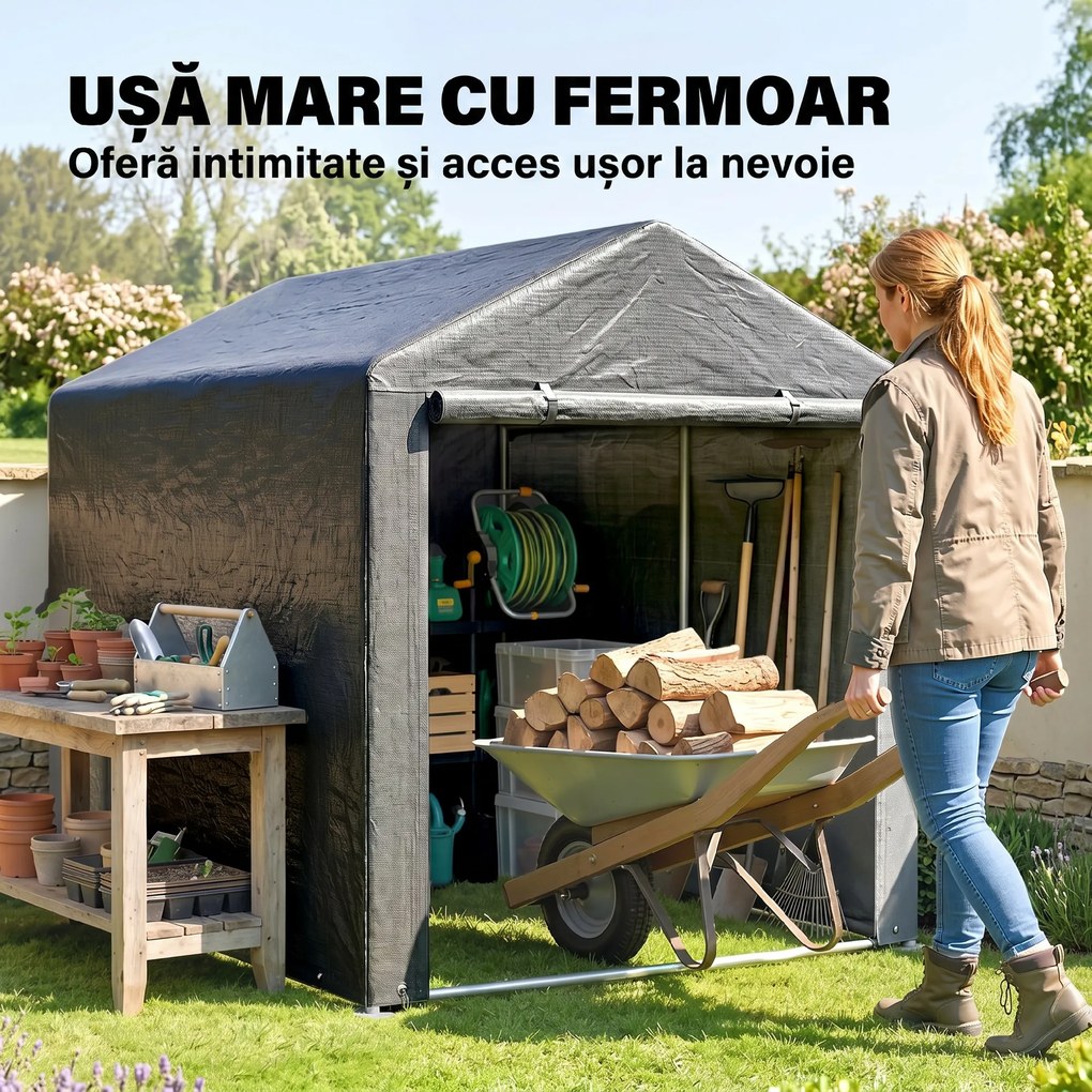 Outsunny Garaj pentru Motociclete, Bicilete sau Unelte de Exterior cu Intrare cu Fermoar, 160x218x172 cm, Gri Închis | Aosom Romania