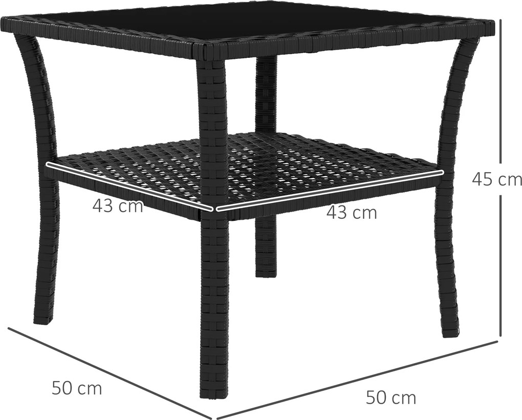 Outsunny Masă de grădină din polyrattan, 50 x 50 x 45 cm, măsuță rezistentă la intemperii pentru 4 persoane, pătrată cu poliță și blat din sticlă | Aosom Romania