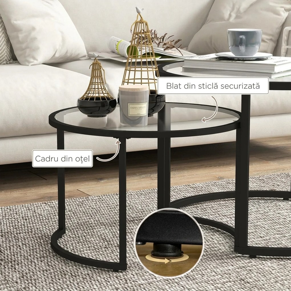HOMCOM Set de 2 Mese de Cafea Suprapozabile din Sticlă și Oțel, Ø70x47.5 cm și Ø54x42.5 cm, Negru | Aosom Romania