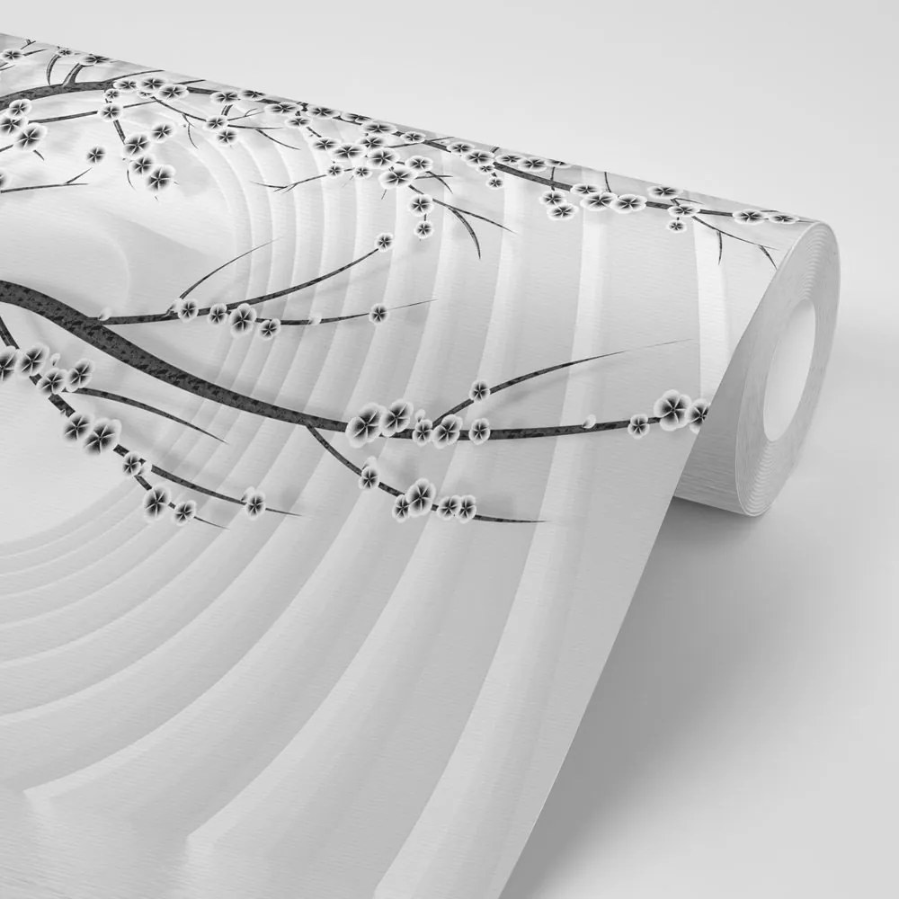 Tapet autoadeziv copac alb-negru modern pe fundal abstract