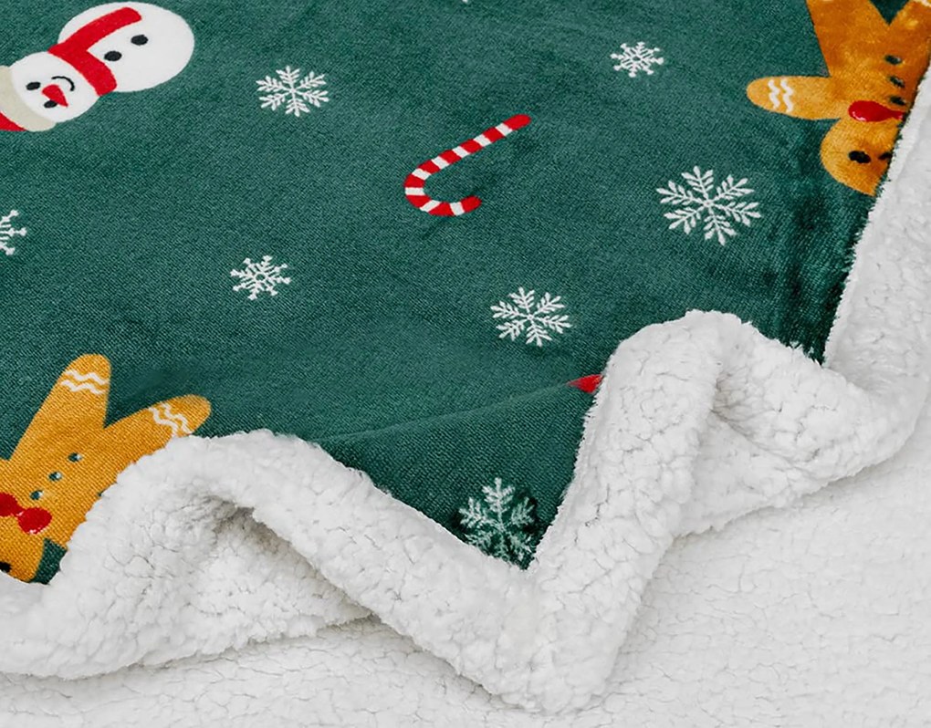 Patura miel de Craciun din microplus SNOWMAN AND GINGERBREAD verde inchis Dimensiuni: 200 x 220 cm