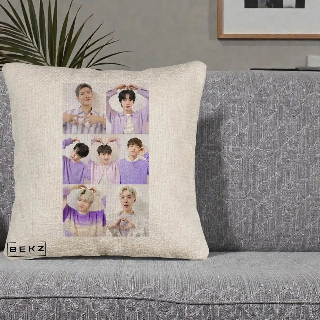 Perna Personalizata K-pop BTS Colaj 7 Portrete cu Inimi Lila, 40x40 cm, Bej Canapea, Husa Detasabila, Perna Inclusa, BEKZ®