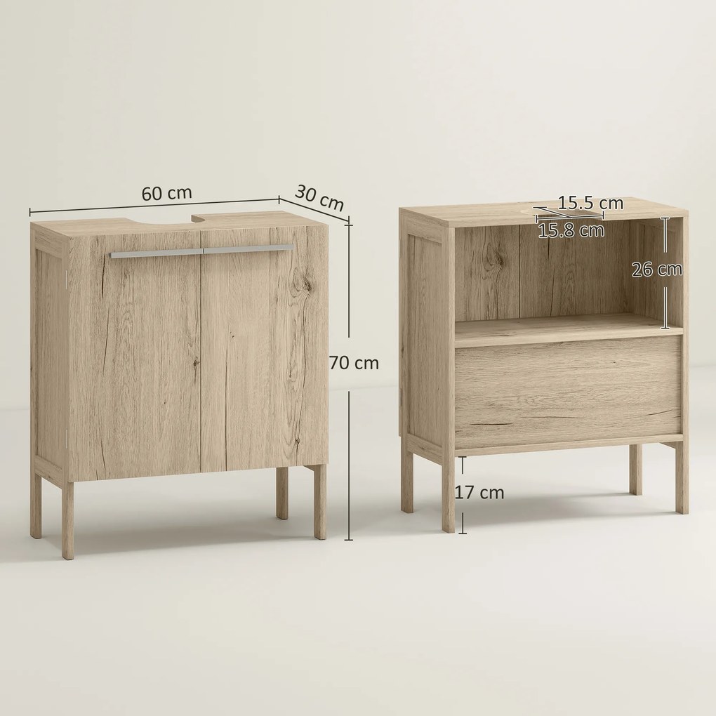 HOMCOM Corp baie sub lavoar - corp sub-chiuvetă - dulap 2 uși cu etajeră - dim. 60L x 30l x 70H cm - MDF imitație lemn gri | Aosom Romania