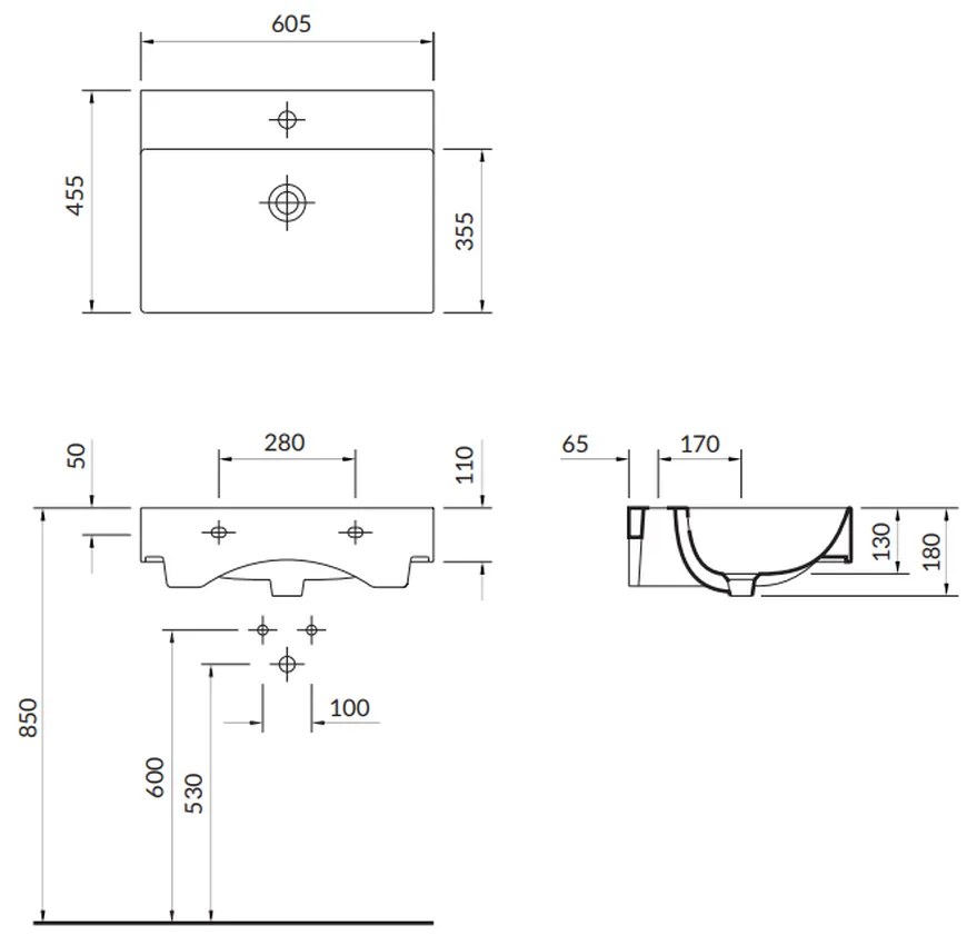 Lavoar pe blat alb 60 cm, dreptunghiular, Cersanit Inverto ROCKLITE