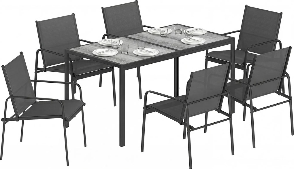 Outsunny Set mobilier de grădină - grup de șezut cu masă 150 x 80cm și 6 scaune respirabile, aspect lemn, cadru din oțel, Negru | Aosom Romania