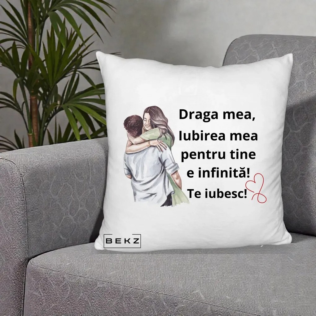 Cadou pentru Iubita - Perna Personalizata Draga Mea Iubirea Mea Infinita Te Iubesc cu Cuplu Acuarela, 40x40 cm, Alb Pufos, Husa Detasabila, Perna Inclusa, BEKZ®