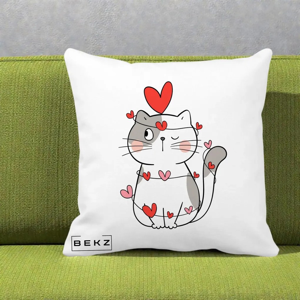 Perna Decorativa Pisica Kawaii cu Inimi, 40x40 cm, Alba Mata, Husa Detasabila, Perna Inclusa, BEKZ®