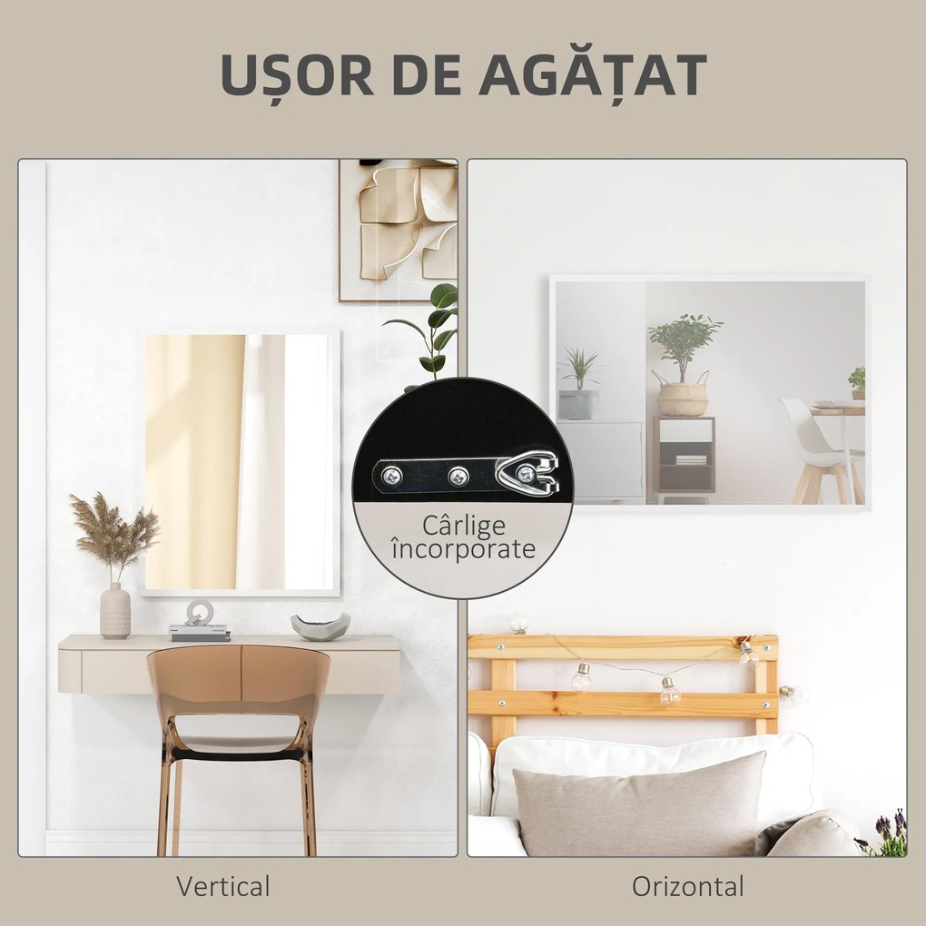 HOMCOM Oglindă Dreptunghiulară de Perete cu Cârlige, Sticlă și MDF, 60x80 cm, Negru | Aosom Romania