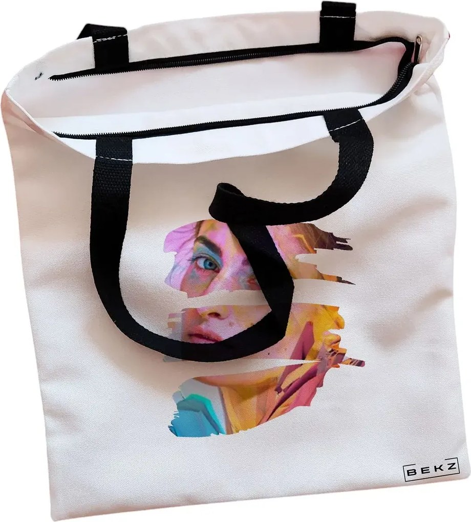 Sacosa de Panza pentru Cumparaturi, Geanta Tote, model Fragmented Art, Cu fermoar, 38x34.5 cm, Alba, BEKZ®