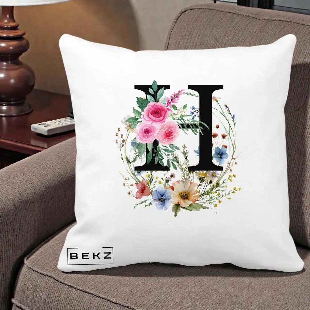 Cadou Personalizat - Perna Personalizata Monogram Litera H cu Flori Acuarela, 40x40 cm, Alba Mata, Husa Detasabila, Perna Inclusa, BEKZ®