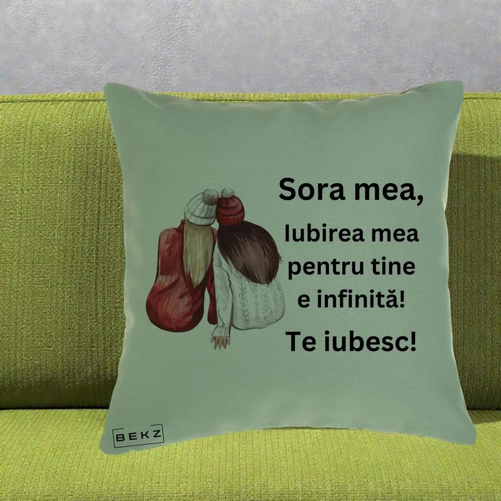 Cadou pentru Sora - Perna Personalizata Sora Mea Te Iubesc Doua Fete Iarna Acuarela, 40x40 cm, Verde, Husa Detasabila, Perna Inclusa, BEKZ®