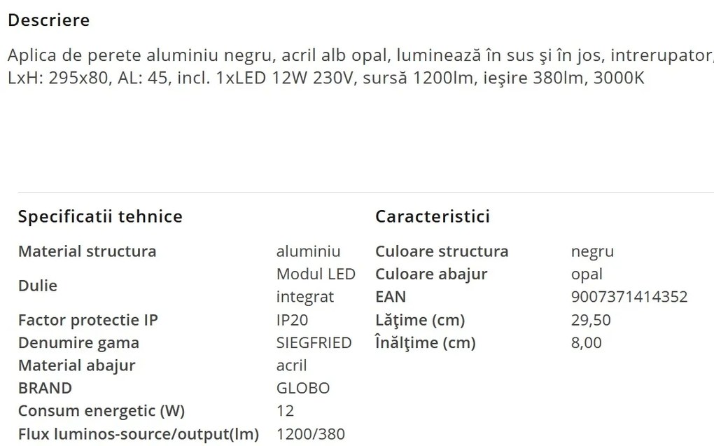 Aplica LED cu iluminat ambiental sus/jos SIEGFRIED negru 12W