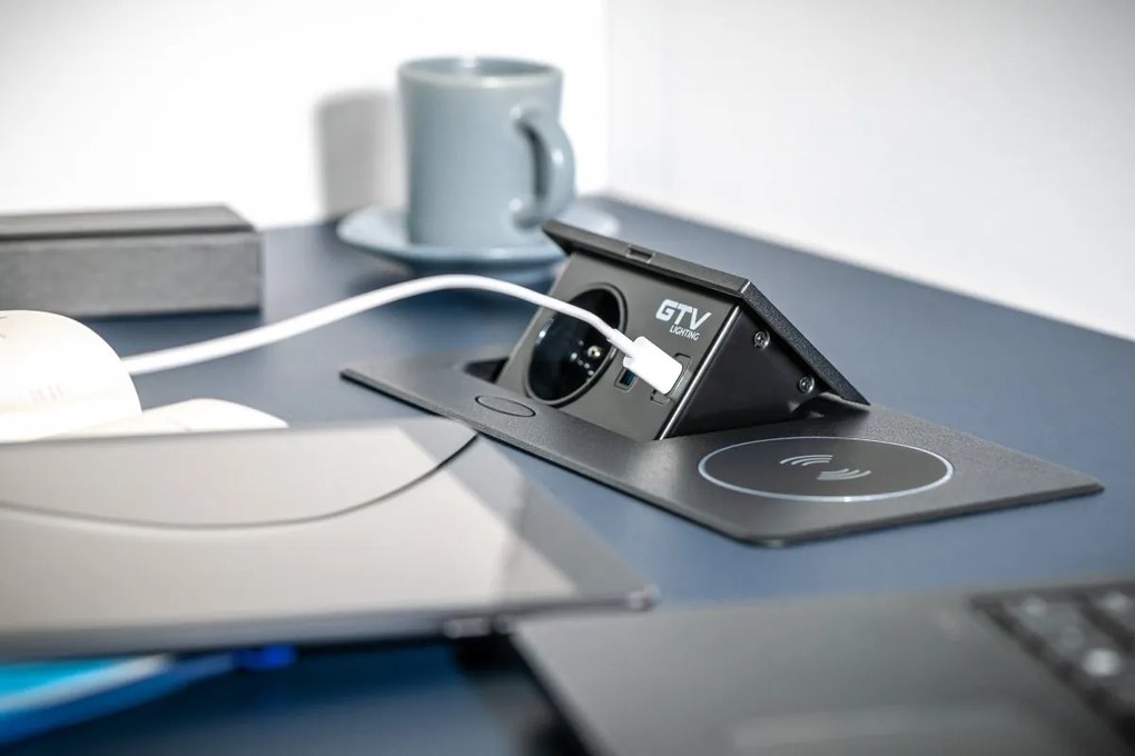 Priza incorporabila dreptunghiulara, 1 priza schuko, 2 USB A, cablu 1.5 m, alba, incarcare wireless, GTV