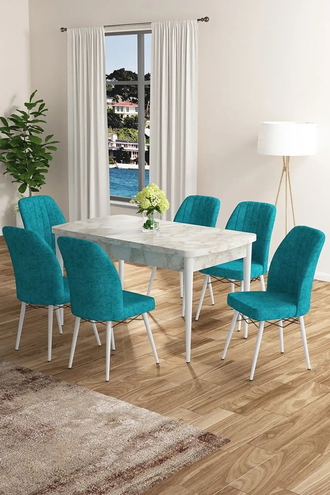 Set masa extensibila cu 6 scaune tapitate Homs cargold 250-30355,turcoaz, 170 x 80 cm