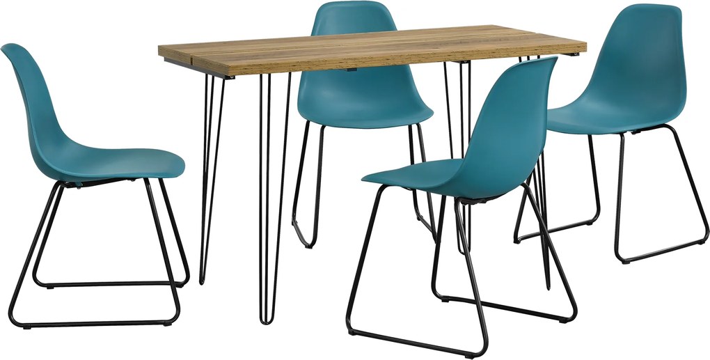 [en.casa]® Set Porto masa design bucatarie cu 4 scaune design, Model 1, MDF/otel/plastic,  83 x 46 x 52 cm, efect lemn/turcoaz