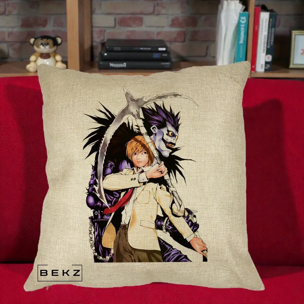 Perna Personalizata Death Note Light si Ryuk Duo, 40x40 cm, Crem, Husa Detasabila, Perna Inclusa, BEKZ®