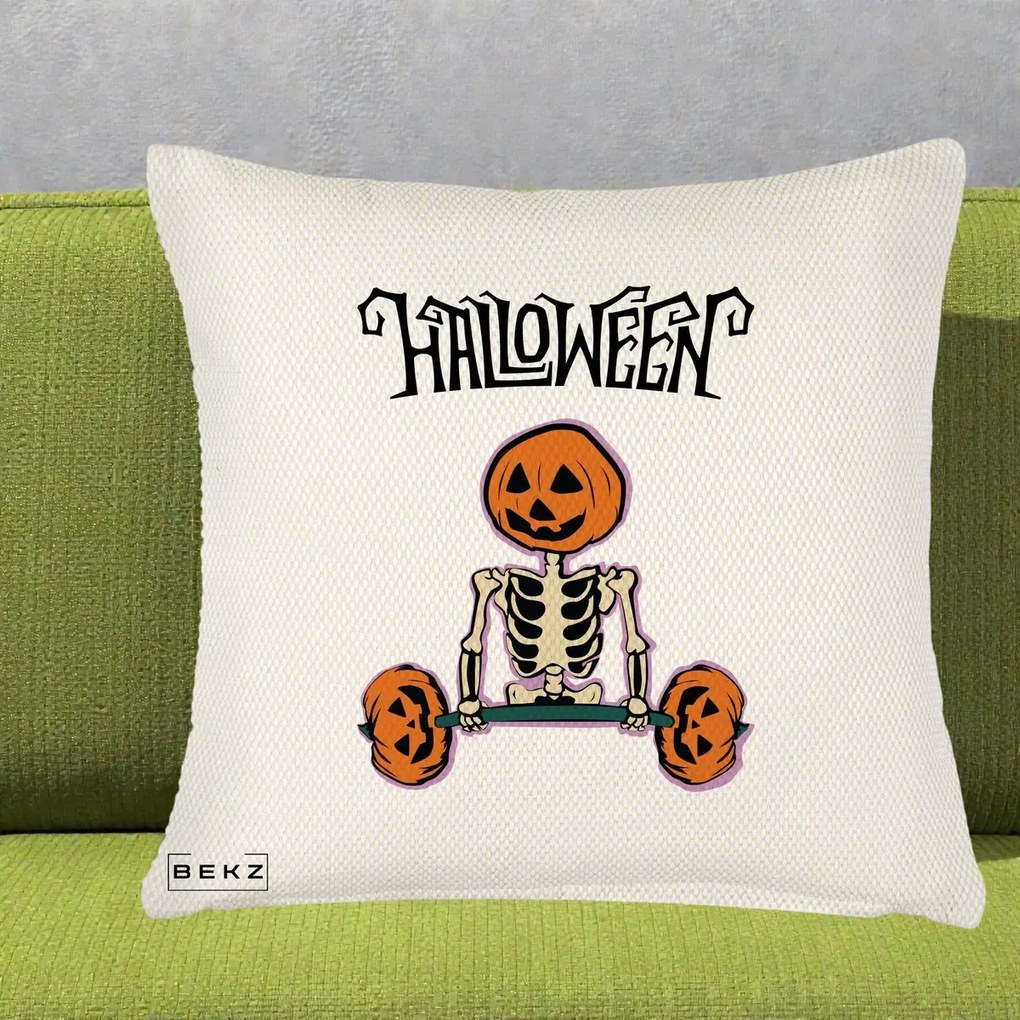 Perna Decorativa Halloween Schelet cu Cap de Dovleac Powerlifting, 40x40 cm, Crem Reliefat, Husa Detasabila, Perna Inclusa, BEKZ®