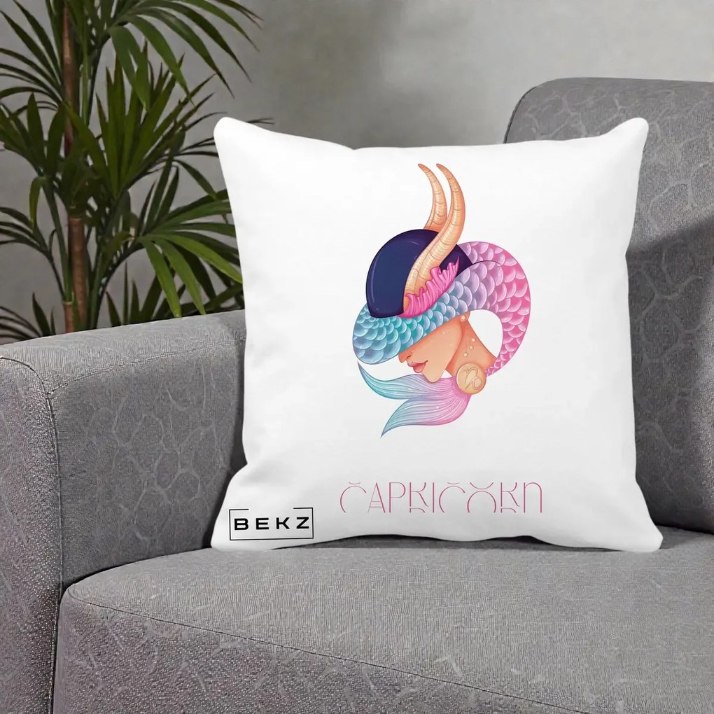 Perna Personalizata Zodiac Capricorn Cowgirl, 40x40 cm, Alba Mata, Husa Detasabila, Perna Inclusa, BEKZ®