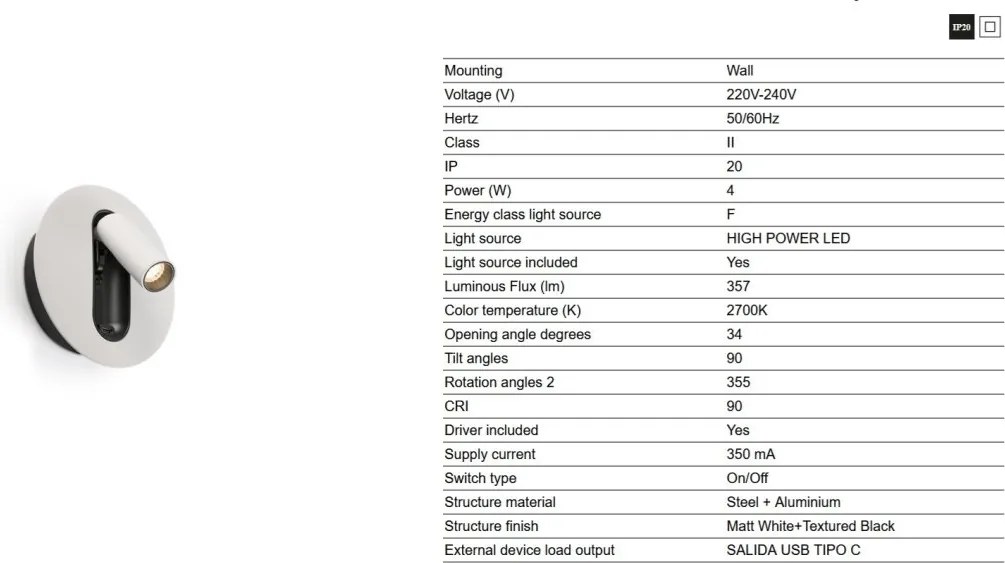 Aplica cu reader LED directionabil stil minimalist TIMIT USB C alb
