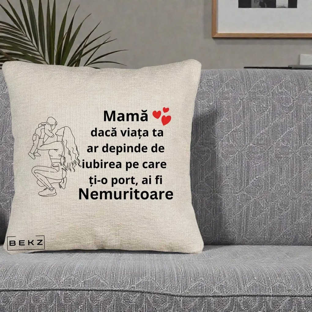 Cadou pentru Mama - Perna Personalizata Mama Nemuritoare Portret Graphic, 40x40 cm, Bej Canapea, Husa Detasabila, Perna Inclusa, BEKZ®
