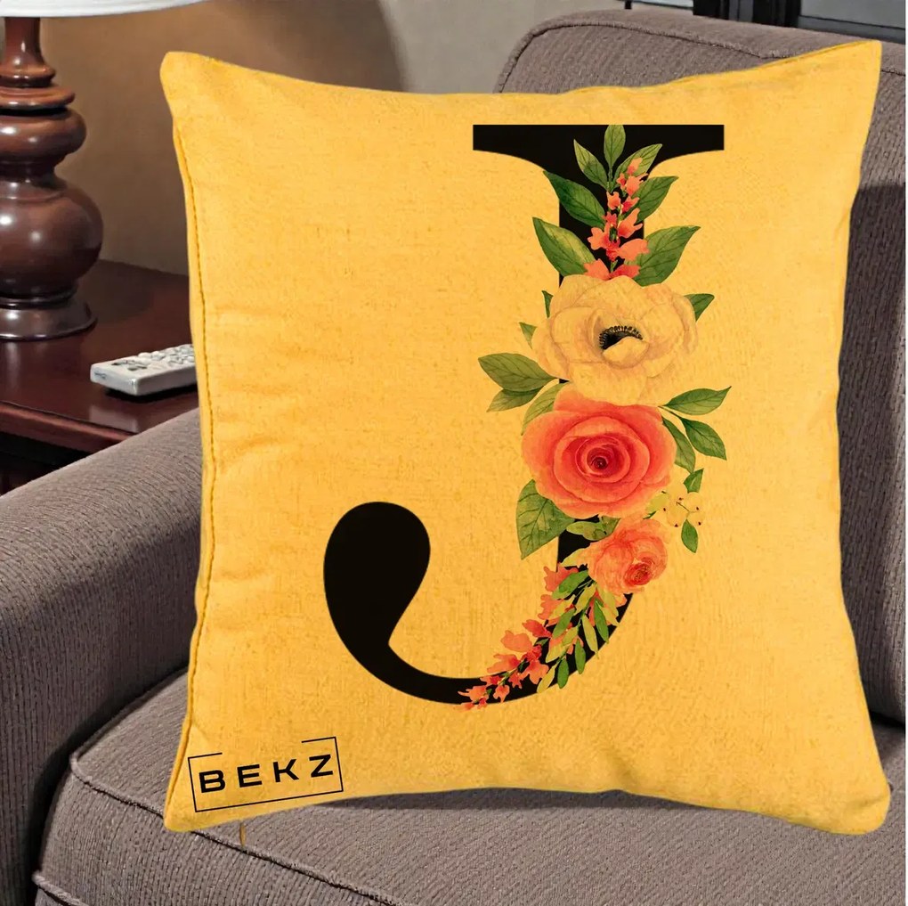 Cadou Personalizat - Perna Personalizata Monograma Florala Litera J, 40x40 cm, Galben, Husa Detasabila, Perna Inclusa, BEKZ®