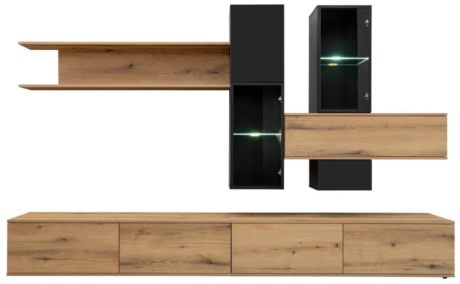 Mobila Living sufragerie moderna , pal stejar negru, cu vitrine sticla , lumini led alb,deschidere usi prin apasare-push open, 280 cm lungime x 45 cm