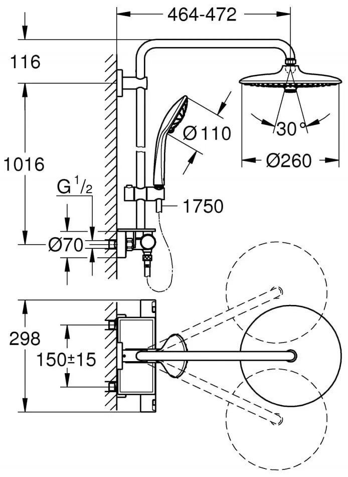 Sistem de dus Grohe Vitalio Joy, 1/2'', aparent, termostat, 260 mm, 3 jeturi, crom - 26403001