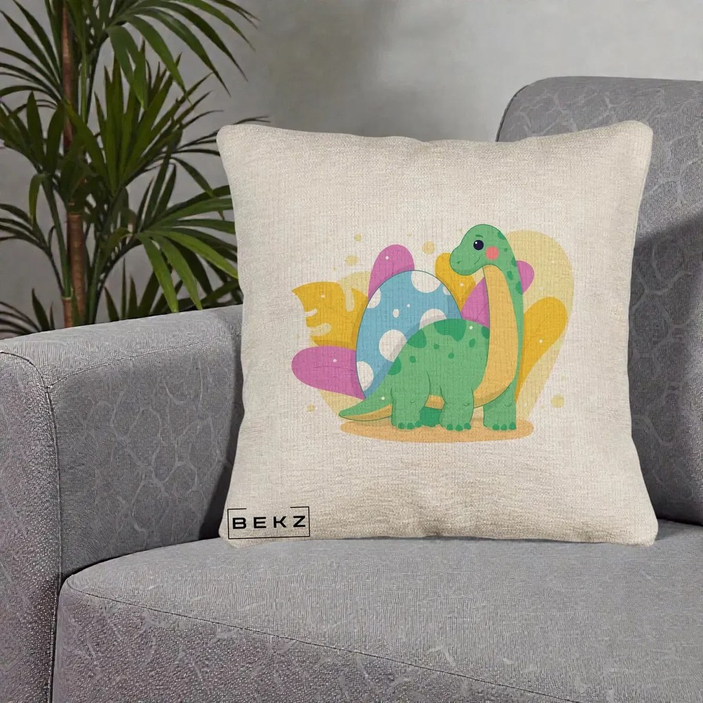 Perna Personalizata Dinozaur cu Ou Pastelat, 40x40 cm, Bej Canapea, Husa Detasabila, Perna Inclusa, BEKZ®