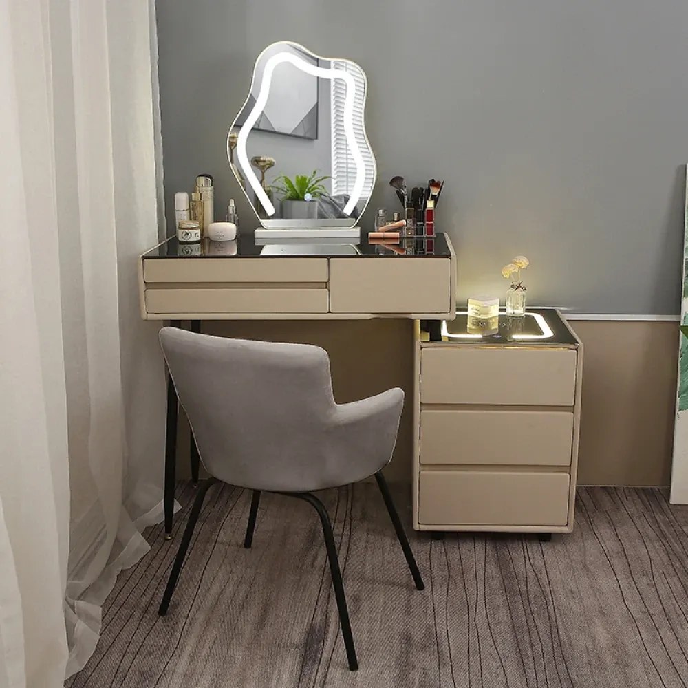 RESIGILAT- Set ISIDORE, Masă de toaletă pentru machiaj, incarcare Wireless+USB, oglindă iluminată LED, control touch, trei tipuri culoare, 6 sertare, comodă iluminata LED, difuzor Bluetooth, scaun, 80 cm