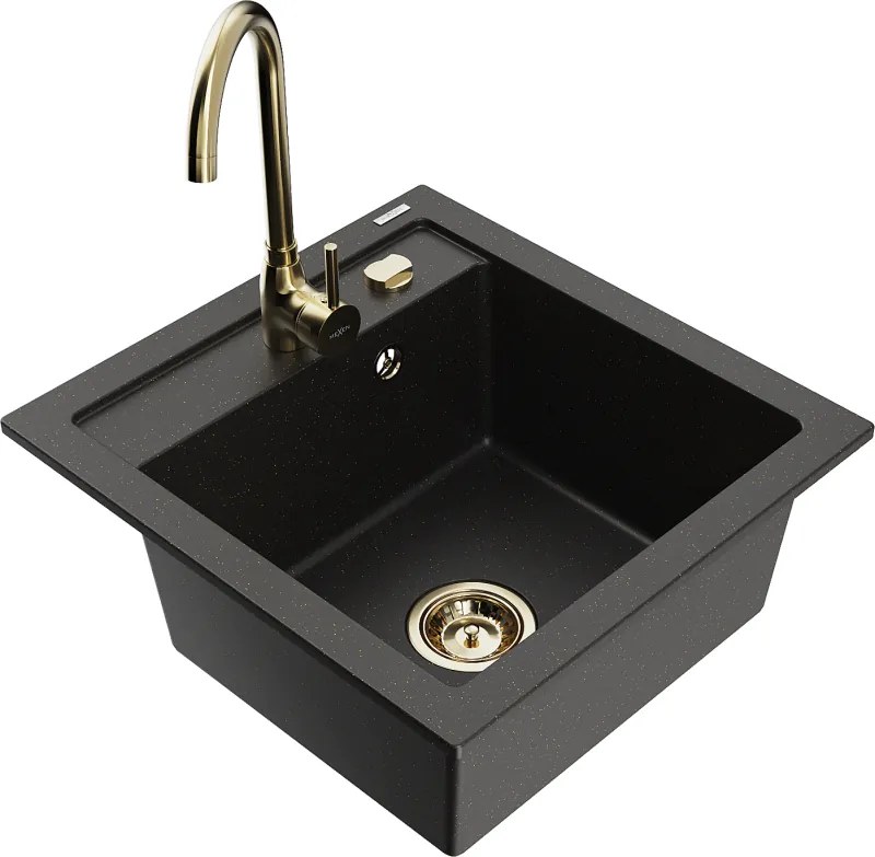 Mexen Vito chiuvetă de bucătărie din granit cu 1 cuvă cu baterie Telma, negru/auriu metalizat - 6503-75-670200-50