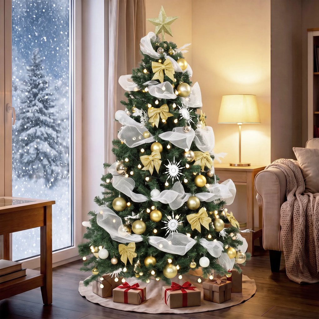 HOMCOM Brad de Crăciun 180cm cu 200 LED-uri Alb Cald, 8 Moduri, 800 Ramuri Ignifuge, Globuri, Panglici, Funde | Aosom Romania