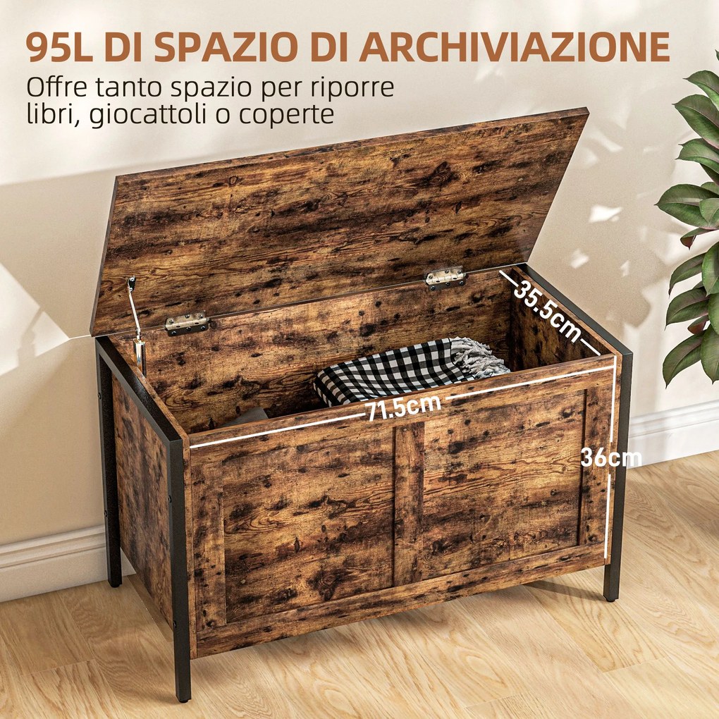 HOMCOM Bancă de Depozitare de 95L în Stil Industrial cu Capac cu Balamale de Siguranță, 80x40x49 cm, Maro Rustic | Aosom Romania