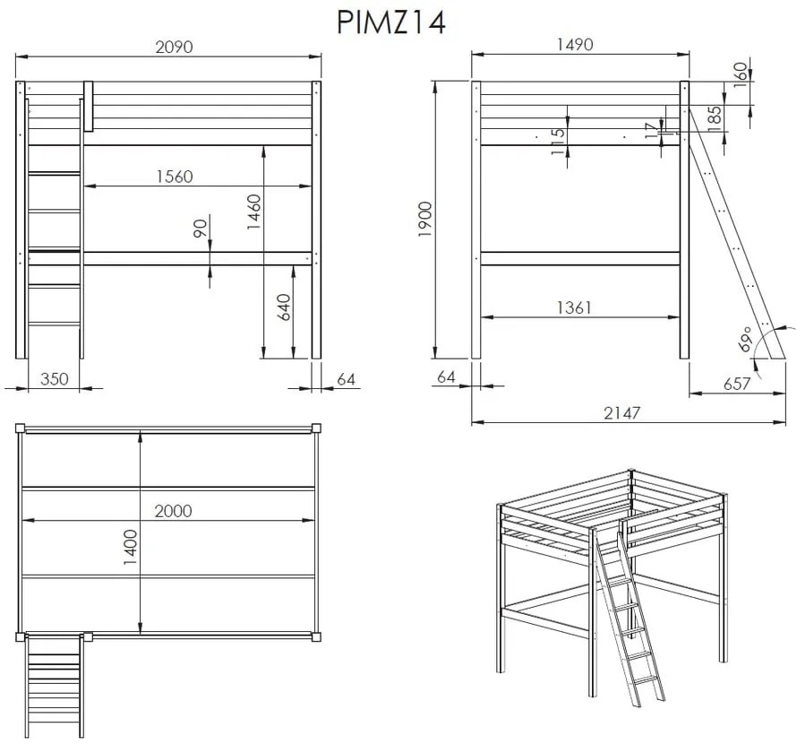 Pat pentru copii cu scară Vipack Pino, 140 x 200 cm, alb