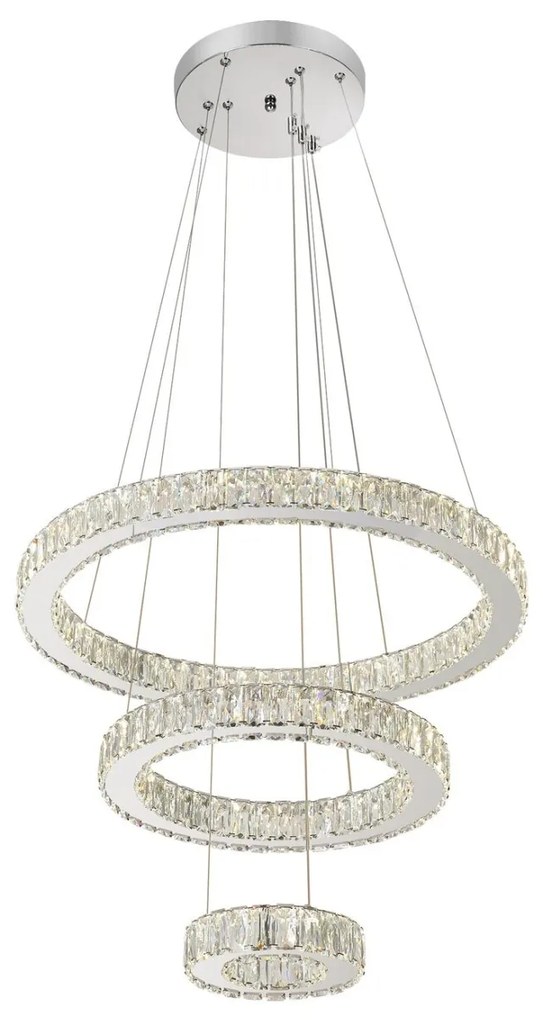 Pendul LED cu Cristal, 3 Inele, 120W, Ø60 cm, Lumină Reglabilă Alb Cald–Rece, Telecomandă 2.4G