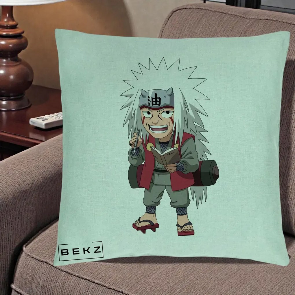 Perna Personalizata Naruto Jiraiya Sensei Chibi, 40x40 cm, Verde Menta, Husa Detasabila, Perna Inclusa, BEKZ®