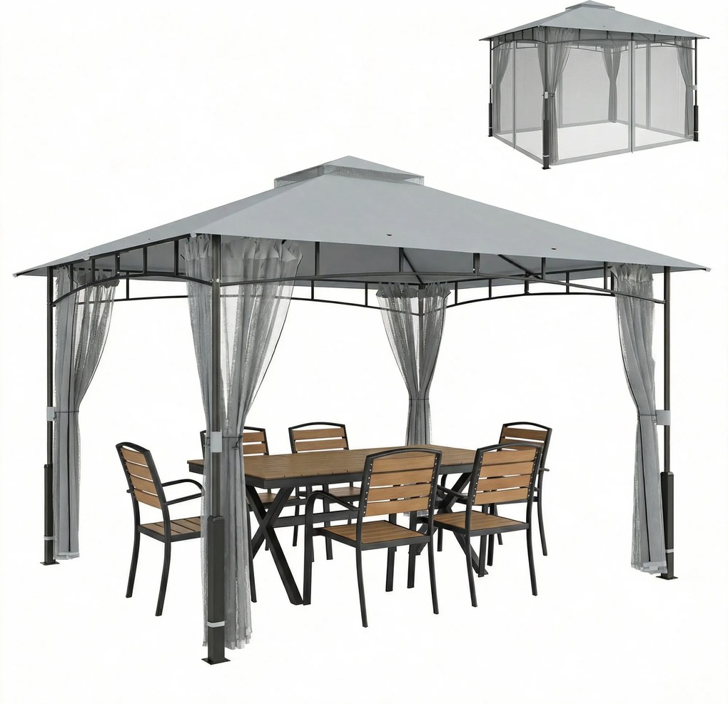 Outsunny Cort pentru Grădină cu Acoperiș Dublu Foișor cu Pereți din Plasă UPF50+ pentru Exterior Terasă 360x300x275 cm Gri | Aosom Romania