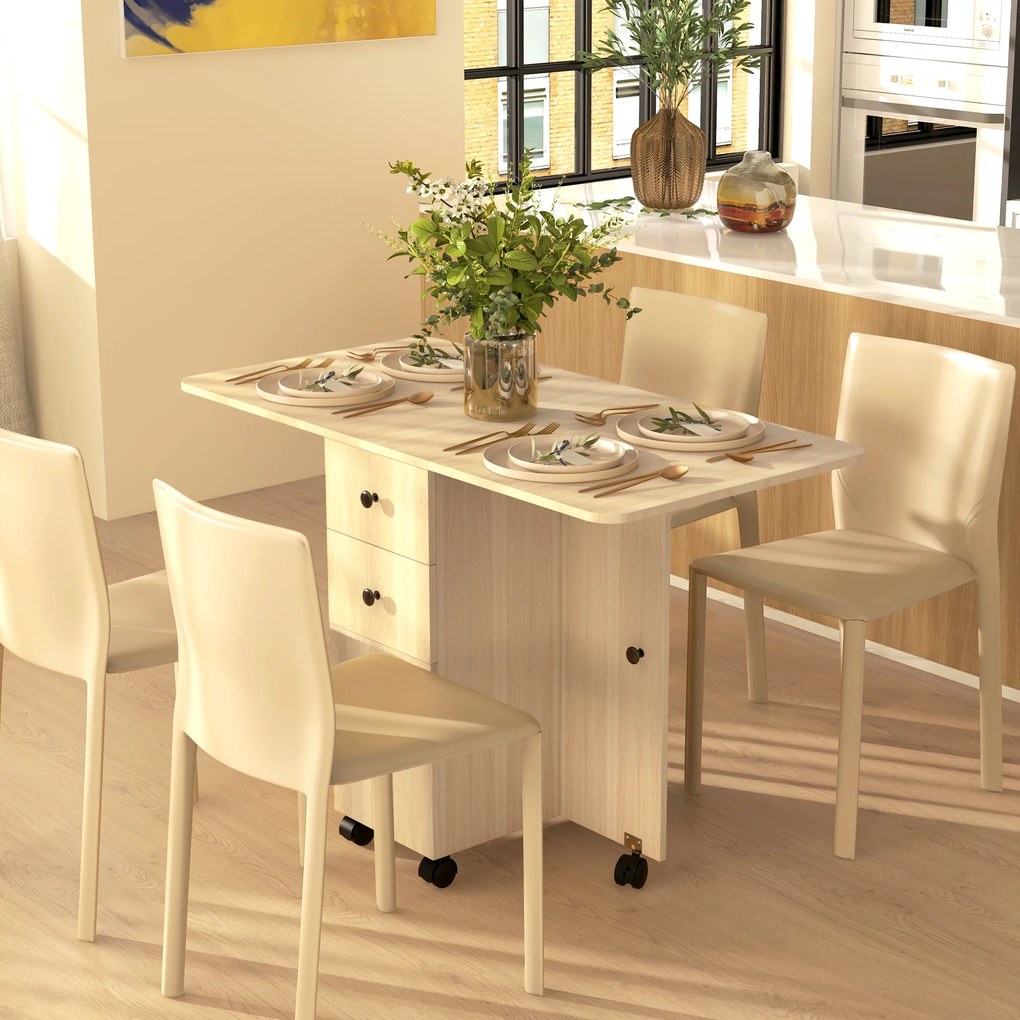 HOMCOM Masă de Bucătărie Pliabilă, Masă Rabatabilă cu Roți și Frâne pentru 6 Persoane, Birou Pliabil cu 2 Sertare și Dulap, pentru Living, 120x60x76.5 cm, Lemn Natural | Aosom Romania