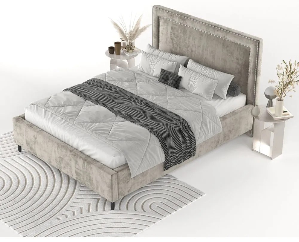 Pat matrimonial bej tapițat cu spațiu de depozitare cu somieră 140x200 cm Baleine – Maison de Rêve