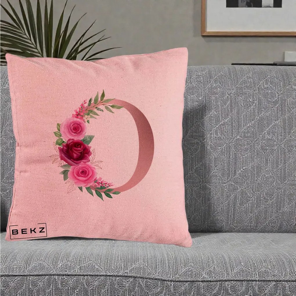 Cadou Personalizat - Perna Personalizata Monograma Rose Gold Litera O, 40x40 cm, Roz, Husa Detasabila, Perna Inclusa, BEKZ®