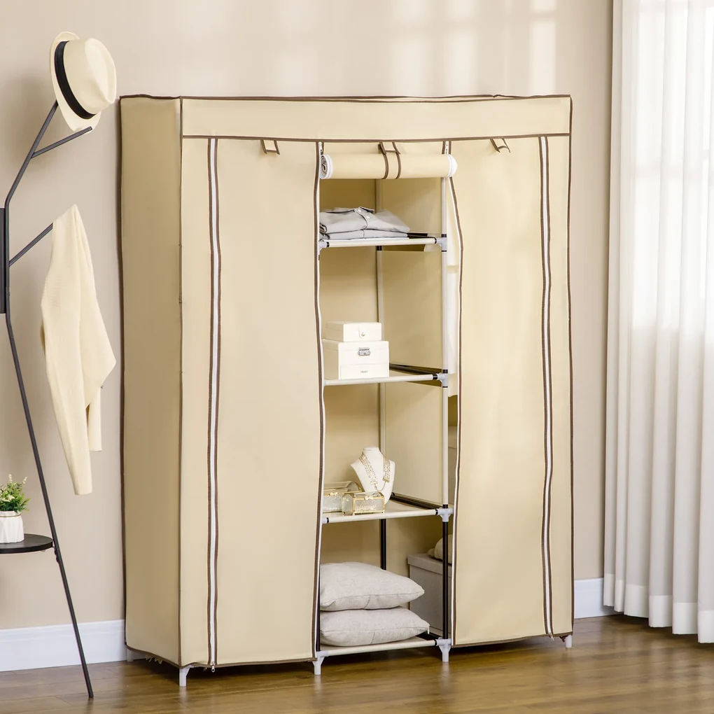 HOMCOM Dulap Portabil din Stofă cu 8 Rafturi și 2 Bare, Organizator Haine cu Ușă Rulantă, 125x43x162.5 cm, Bej | Aosom Romania