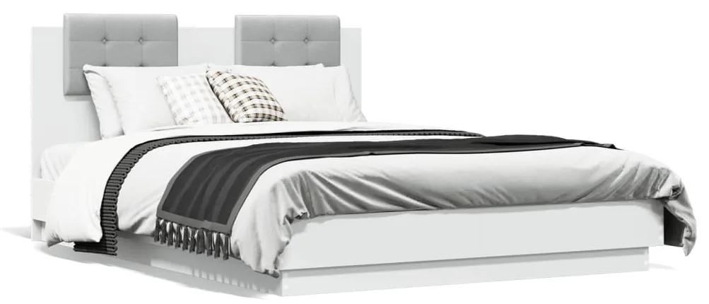 3210045 vidaXL Cadru de pat cu tăblie și lumini LED, alb, 135x190 cm