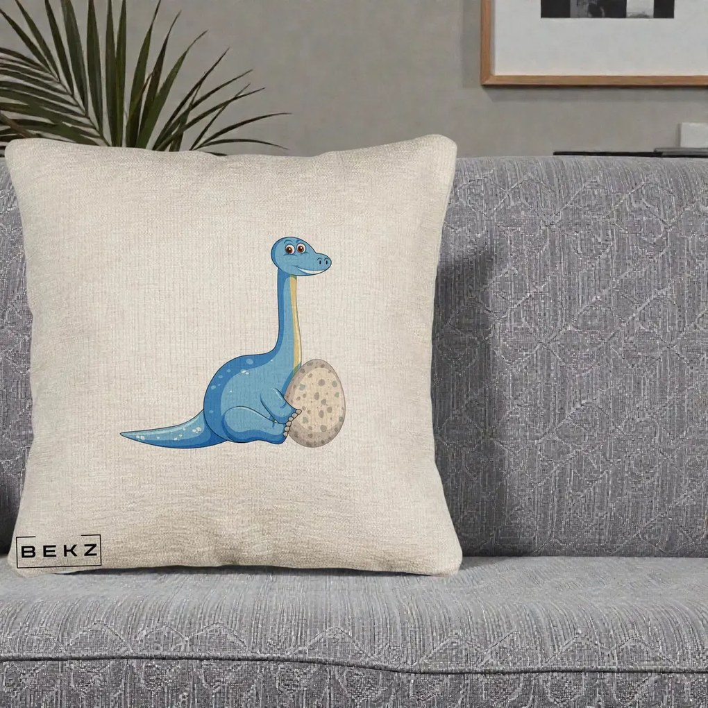 Perna Decorativa Brontosaur cu Ou, 40x40 cm, Bej Canapea, Husa Detasabila, Perna Inclusa, BEKZ®